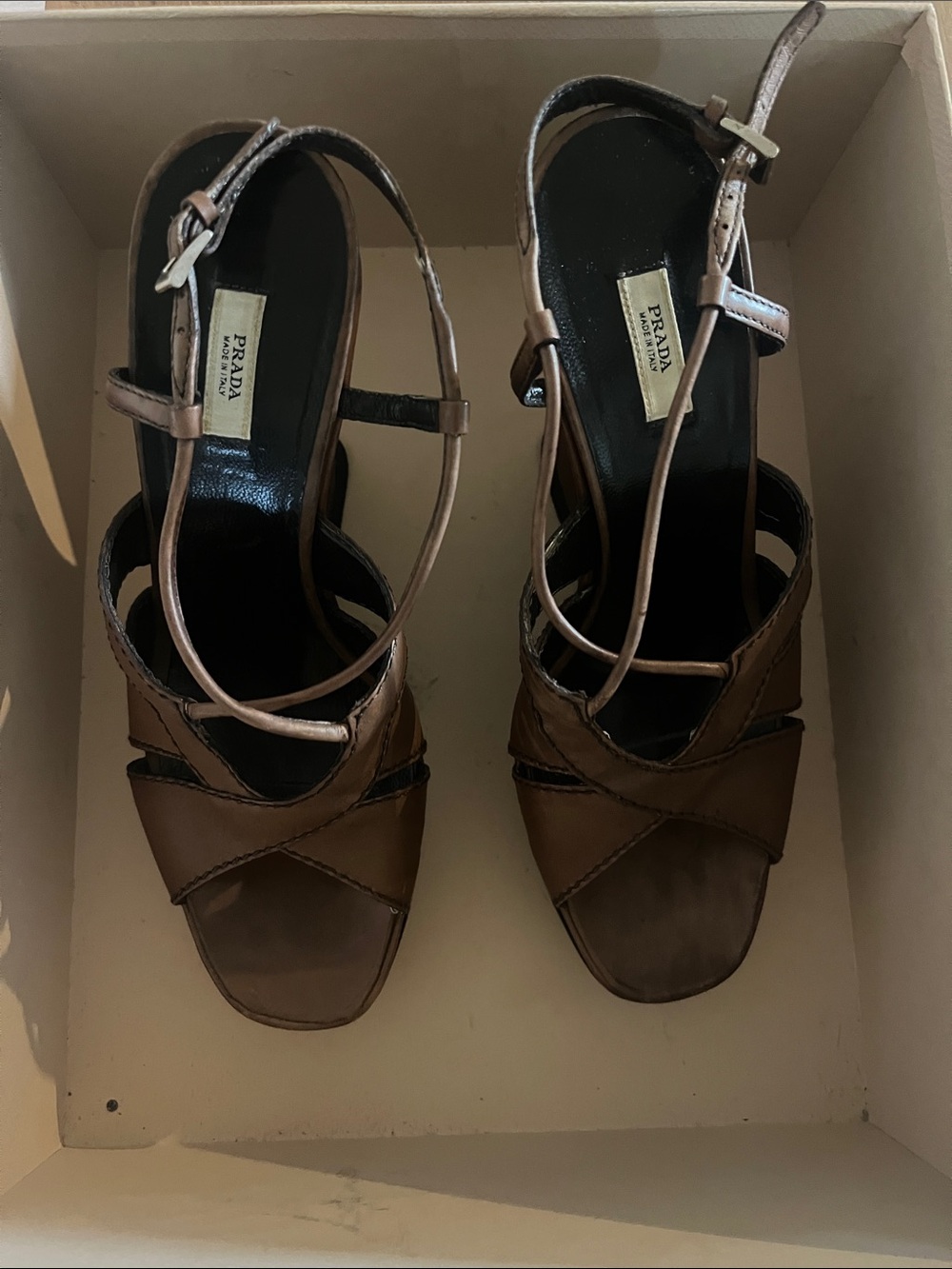 Prada Brown Leather Cross-Strap Heels